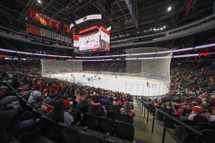 Jan 29, 2022; Philadelphia, Pennsylvania, USA; A general view of the Wells Fargo Center during the second period of the game between the Los Angeles Kings and Philadelphia Flyers. Mandatory Credit: Mitchell Leff-USA TODAY Sports
