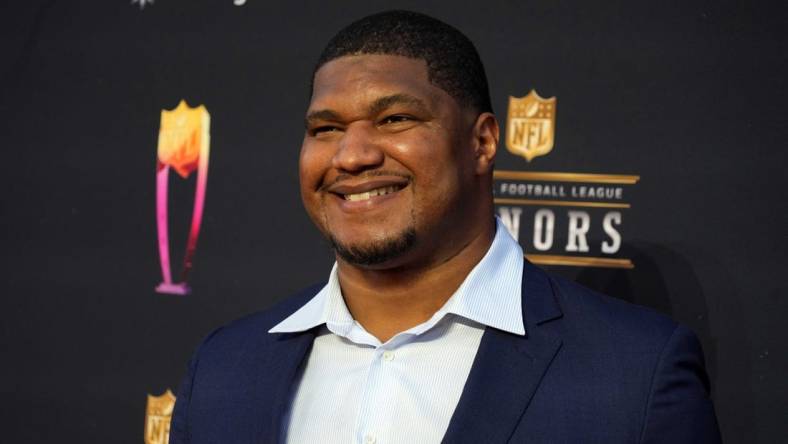 Feb 10, 2022; Los Angeles, CA, USA; Calais Campbell appears on the red carpet prior to the NFL Honors awards presentation at YouTube Theater. Mandatory Credit: Kirby Lee-USA TODAY Sports