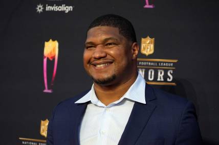 Feb 10, 2022; Los Angeles, CA, USA; Calais Campbell appears on the red carpet prior to the NFL Honors awards presentation at YouTube Theater. Mandatory Credit: Kirby Lee-USA TODAY Sports