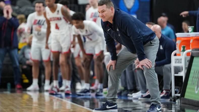 Mar 10, 2022; Las Vegas, NV, USA; Arizona Wildcats coach Tommy Lloyd is pictured in a game against the Stanford Cardinal during the second half at T-Mobile Arena. Mandatory Credit: Stephen R. Sylvanie-USA TODAY Sports