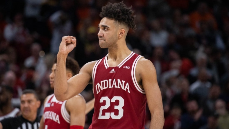 Mar 11, 2022; Indianapolis, IN, USA;  Indiana Hoosiers forward Trayce Jackson-Davis (23) reacts to a turnover in the second half against the Illinois Fighting Illini at Gainbridge Fieldhouse. Mandatory Credit: Trevor Ruszkowski-USA TODAY Sports