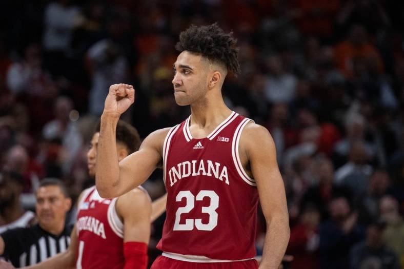 Mar 11, 2022; Indianapolis, IN, USA;  Indiana Hoosiers forward Trayce Jackson-Davis (23) reacts to a turnover in the second half against the Illinois Fighting Illini at Gainbridge Fieldhouse. Mandatory Credit: Trevor Ruszkowski-USA TODAY Sports