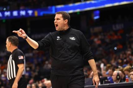 Mar 11, 2022; Tampa, FL, USA; LSU Tigers head coach Will Wade against the Arkansas Razorbacks during the first half at Amalie Arena. Mandatory Credit: Kim Klement-USA TODAY Sports