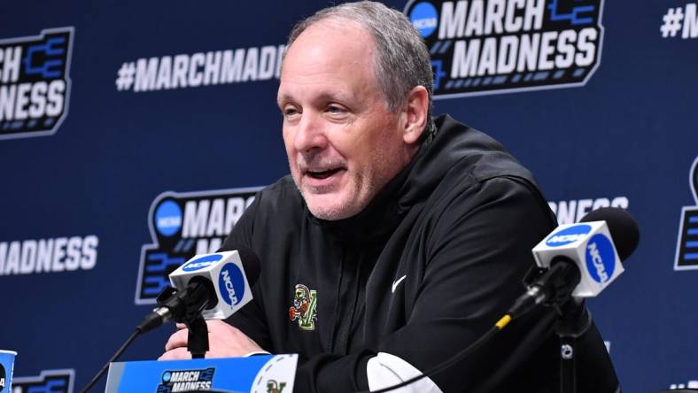 Mar 16, 2022; Buffalo, NY, USA; Vermont Catamounts head coach John Becker talks with the press before a practice session for the first round of the 2022 NCAA Tournament at KeyBank Center. Mandatory Credit: Mark Konezny-USA TODAY Sports