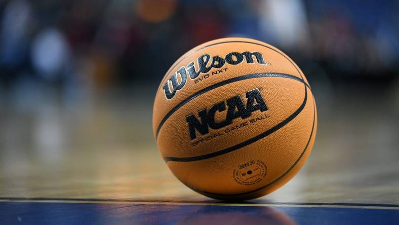 Mar 25, 2022; Greensboro, NC, USA;  A general shot of the game ball for the NCAA Women's tournament displaying the Final Four logo in the Greensboro regional semifinals of the women's college basketball NCAA Tournament at Greensboro Coliseum. Mandatory Credit: William Howard-USA TODAY Sports