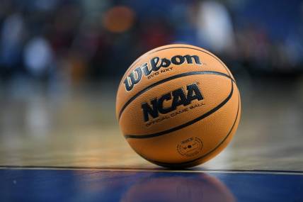 Mar 25, 2022; Greensboro, NC, USA;  A general shot of the game ball for the NCAA Women's tournament displaying the Final Four logo in the Greensboro regional semifinals of the women's college basketball NCAA Tournament at Greensboro Coliseum. Mandatory Credit: William Howard-USA TODAY Sports