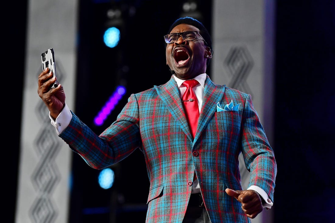 Apr 28, 2022; Las Vegas, NV, USA; Hall of famer Michael Irvin on stage before the first round of the 2022 NFL Draft at the NFL Draft Theater. Mandatory Credit: Gary Vasquez-USA TODAY Sports