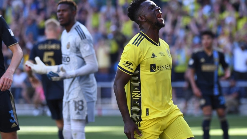May 1, 2022; Nashville, Tennessee, USA; Nashville SC forward Ake Loba (9) after missing on a shot during the second half against the Philadelphia Union at Geodis Park. Mandatory Credit: Christopher Hanewinckel-USA TODAY Sports