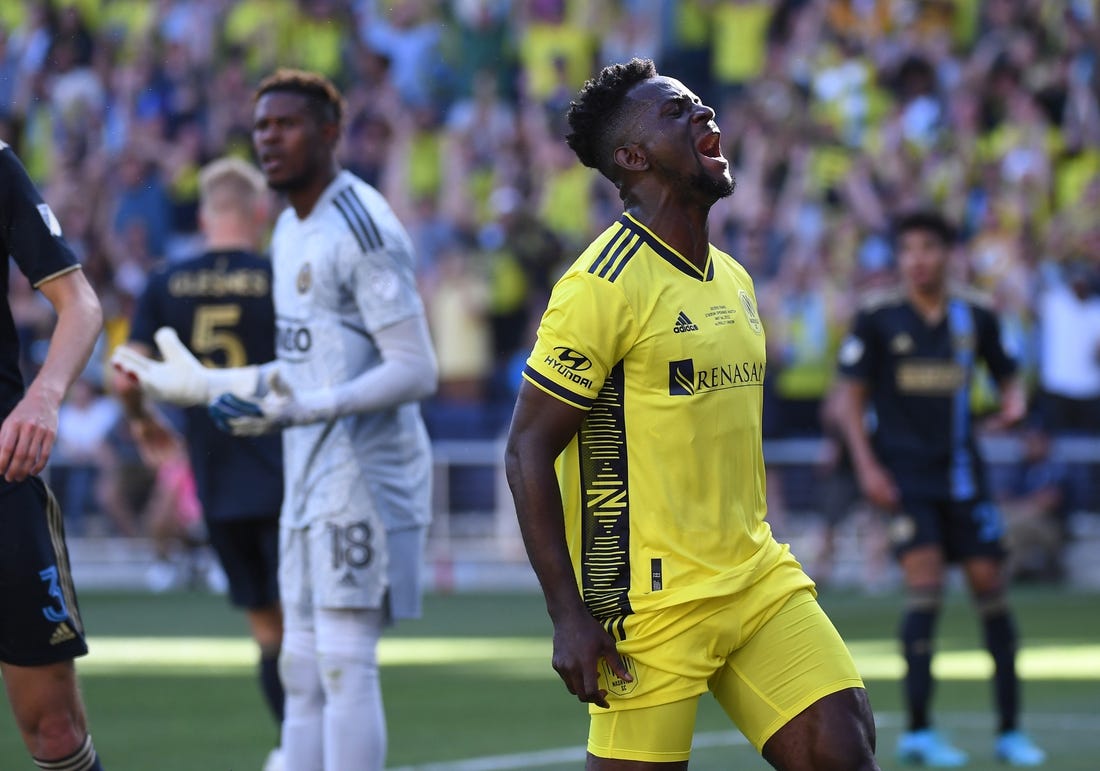 May 1, 2022; Nashville, Tennessee, USA; Nashville SC forward Ake Loba (9) after missing on a shot during the second half against the Philadelphia Union at Geodis Park. Mandatory Credit: Christopher Hanewinckel-USA TODAY Sports