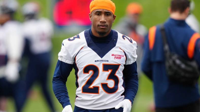 May 23, 2022; Englewood, CO, USA; Denver Broncos cornerback Ronald Darby (23) during OTA workouts at the UC Health Training Center. Mandatory Credit: Ron Chenoy-USA TODAY Sports