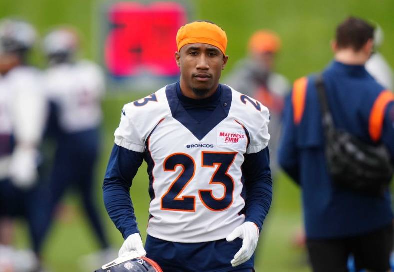 May 23, 2022; Englewood, CO, USA; Denver Broncos cornerback Ronald Darby (23) during OTA workouts at the UC Health Training Center. Mandatory Credit: Ron Chenoy-USA TODAY Sports