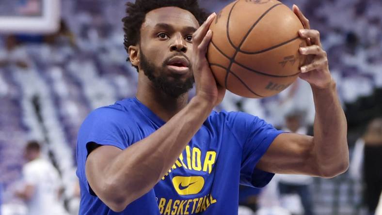 May 24, 2022; Dallas, Texas, USA; Golden State Warriors forward Andrew Wiggins (22) warms up before game four of the 2022 Western Conference finals against the Dallas Mavericks at American Airlines Center. Mandatory Credit: Kevin Jairaj-USA TODAY Sports