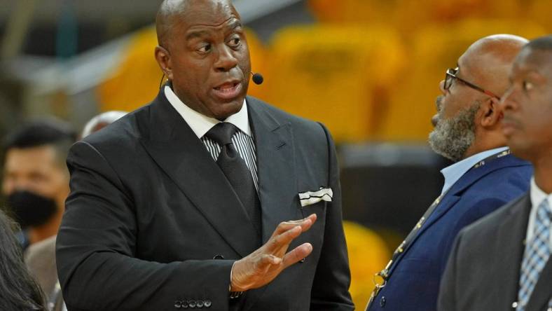 Jun 2, 2022; San Francisco, California, USA; ESPN analyst Magic Johnson before game one of the 2022 NBA Finals between the Golden State Warriors and the Boston Celtics at Chase Center. Mandatory Credit: Darren Yamashita-USA TODAY Sports