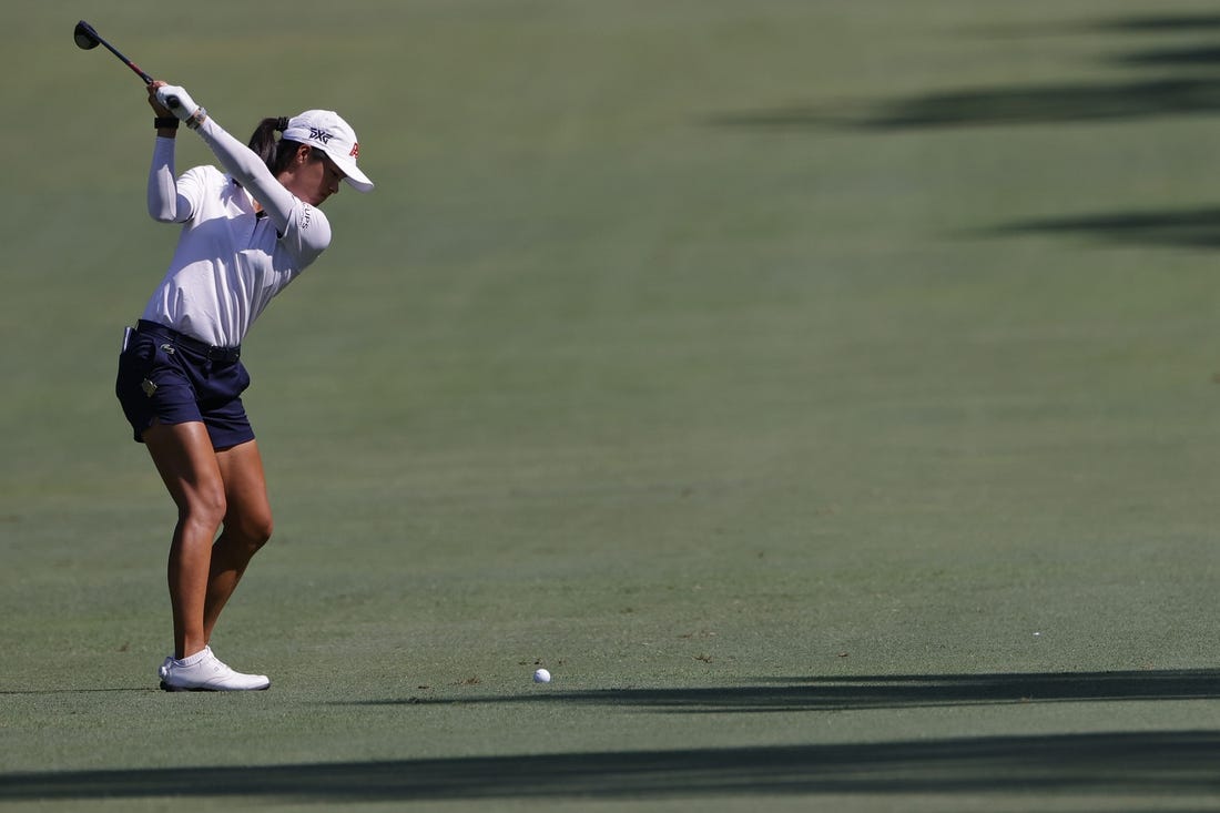 Jun 2, 2022; Southern Pines, North Carolina, USA; Celine Boutier hits an approach shot on the seventeenth hole during the first round of the U.S. Women's Open. Mandatory Credit: Geoff Burke-USA TODAY Sports