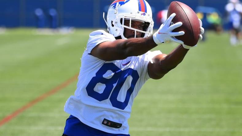 Jun 14, 2022; Orchard Park, New York, USA; Buffalo Bills wide receiver Jamison Crowder (80) catches the ball during minicamp at the ADPRO Sports Training Center. Mandatory Credit: Rich Barnes-USA TODAY Sports