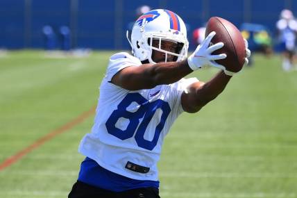 Jun 14, 2022; Orchard Park, New York, USA; Buffalo Bills wide receiver Jamison Crowder (80) catches the ball during minicamp at the ADPRO Sports Training Center. Mandatory Credit: Rich Barnes-USA TODAY Sports
