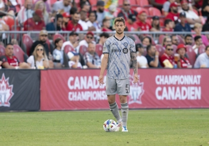 Jun 22, 2022; Toronto, Ontario, CAN; CF Montreal defender Gabriele Corbo (5) controls the ball against Toronto FC during the second half of the Canadian Championship semifinal at BMO Field. Mandatory Credit: Nick Turchiaro-USA TODAY Sports