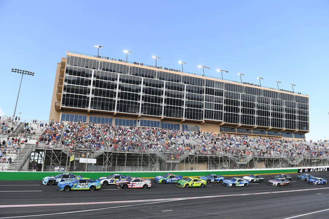 Jul 10, 2022; Hampton, Georgia, USA; General view of turn 4 during the Quaker State 400 at Atlanta Motor Speedway. Mandatory Credit: Adam Hagy-USA TODAY Sports