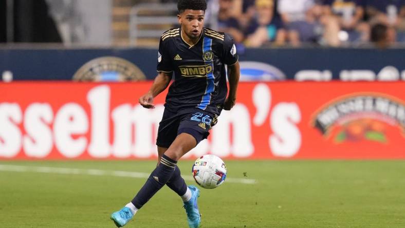 Jul 8, 2022; Chester, Pennsylvania, USA; Philadelphia Union defender Nathan Harriel (26) controls the ball against D.C. United at Subaru Park. Mandatory Credit: Mitchell Leff-USA TODAY Sports