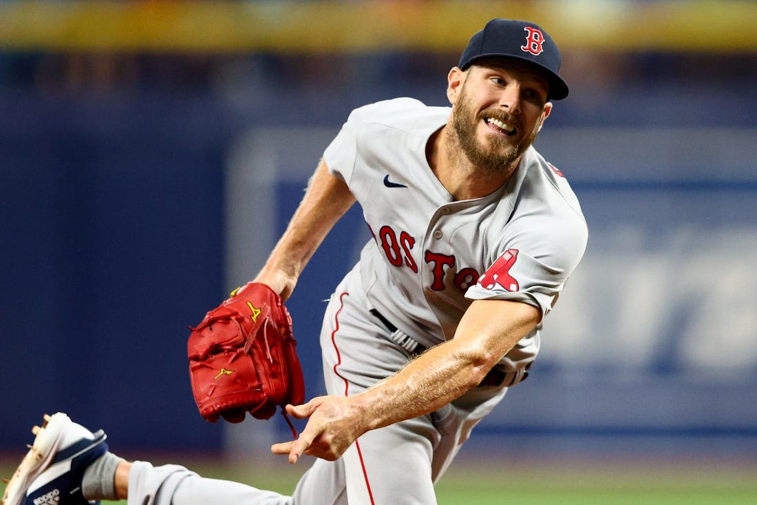 Jul 12, 2022; St. Petersburg, Florida, USA; Boston Red Sox starting pitcher Chris Sale (41) throws a pitch against the Tampa Bay Rays in the fifth inning at Tropicana Field. Mandatory Credit: Nathan Ray Seebeck-USA TODAY Sports