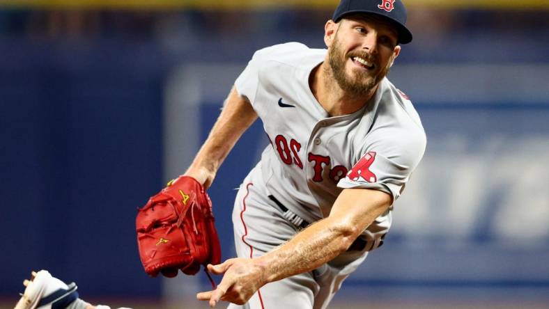 Jul 12, 2022; St. Petersburg, Florida, USA; Boston Red Sox starting pitcher Chris Sale (41) throws a pitch against the Tampa Bay Rays in the fifth inning at Tropicana Field. Mandatory Credit: Nathan Ray Seebeck-USA TODAY Sports