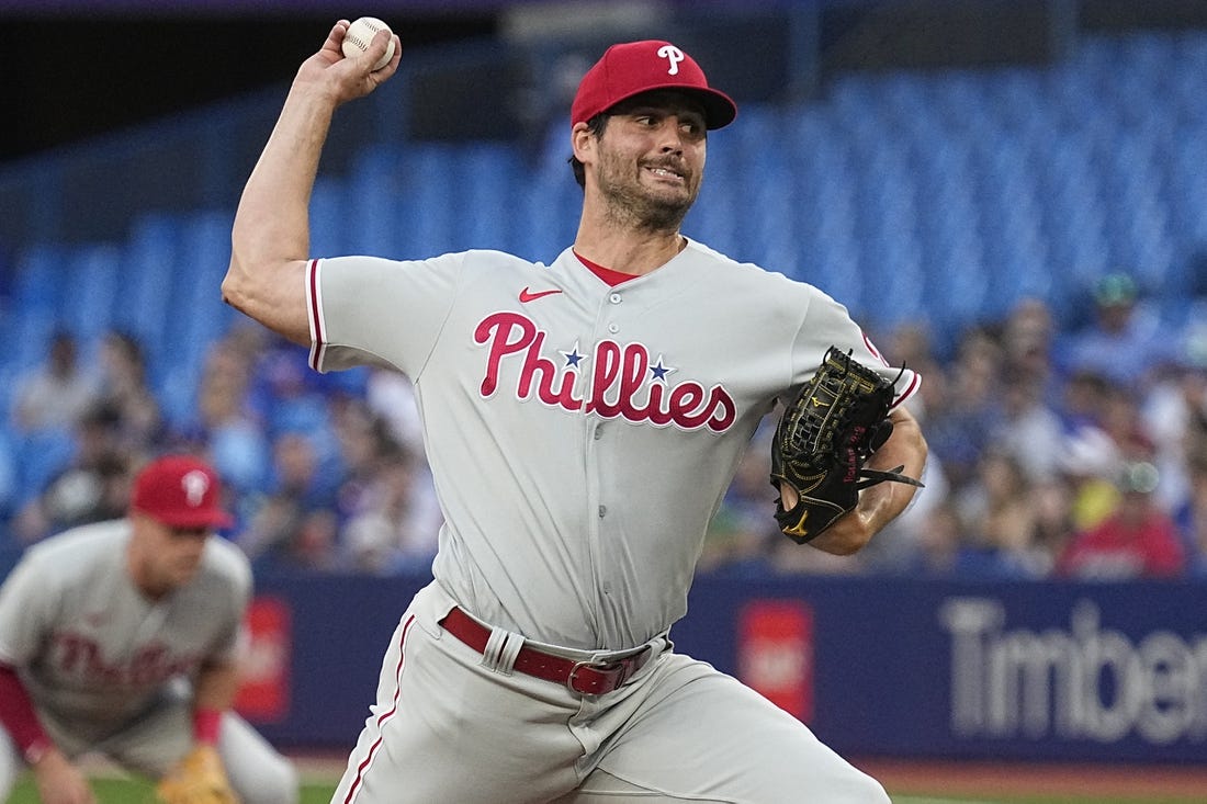 Jul 12, 2022; Toronto, Ontario, CAN; Philadelphia Phillies pitcher Mark Appel (22) throws a pitch against the Toronto Blue Jays during the second inning at Rogers Centre. Mandatory Credit: John E. Sokolowski-USA TODAY Sports