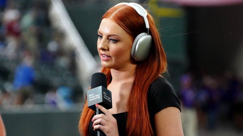 Jul 15, 2022; Denver, Colorado, USA; Apple TV Friday night baseball sportscaster Lauren Gardner before the game between the against the Pittsburgh Pirates against the Colorado Rockies at Coors Field. Mandatory Credit: Ron Chenoy-USA TODAY Sports