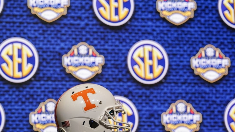 Jul 21, 2022; Atlanta, GA, USA; The Tennessee helmet shown on the stage during SEC Media Days at the College Football Hall of Fame. Mandatory Credit: Dale Zanine-USA TODAY Sports