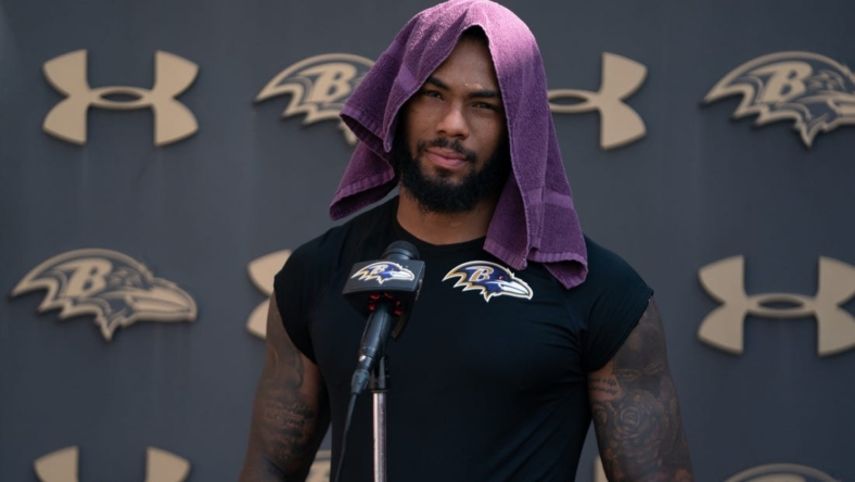 Jul 27, 2022; Owings Mills, MD, USA; Baltimore Ravens wide receiver Rashod Bateman (7) speaks with the media after day one of training camp at Under Armour Performance Center. Mandatory Credit: Jessica Rapfogel-USA TODAY Sports