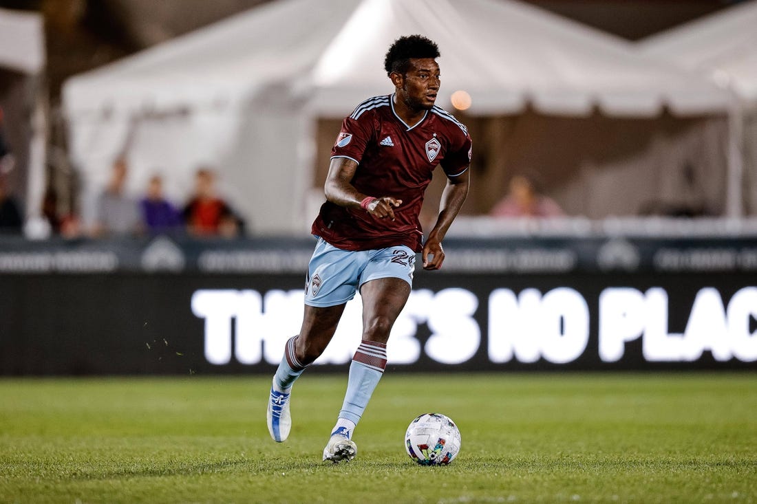 Aug 6, 2022; Commerce City, Colorado, USA; Colorado Rapids defender Gustavo Vallecilla (24) controls the ball in the second half against Minnesota United FC at Dick's Sporting Goods Park. Mandatory Credit: Isaiah J. Downing-USA TODAY Sports