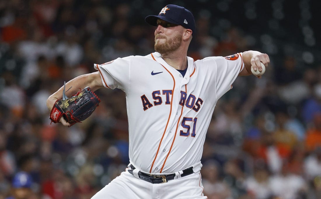 Aug 9, 2022; Houston, Texas, USA; Houston Astros relief pitcher Will Smith (51) delivers a pitch during the sixth inning against the Texas Rangers at Minute Maid Park. Mandatory Credit: Troy Taormina-USA TODAY Sports