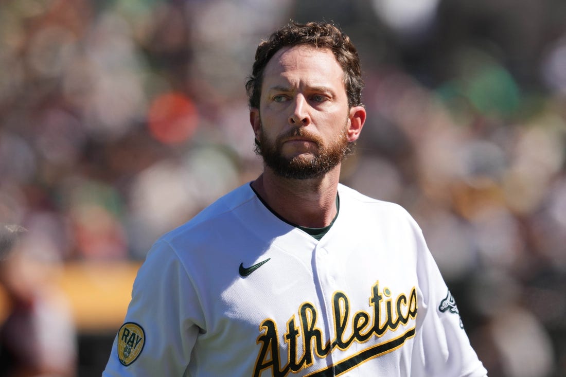 Aug 7, 2022; Oakland, California, USA; Oakland Athletics designated hitter Jed Lowrie (8) during the eighth inning against the San Francisco Giants at RingCentral Coliseum. Mandatory Credit: Darren Yamashita-USA TODAY Sports