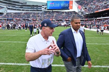 Aug 13, 2022; Chicago, Illinois, USA;  Chicago Bears head coach Matt Eberflus, left, and general manager Ryan Poles walk off the field after the Bears defeated the Kansas City Chiefs 19-14 at Soldier Field. Mandatory Credit: Jamie Sabau-USA TODAY Sports