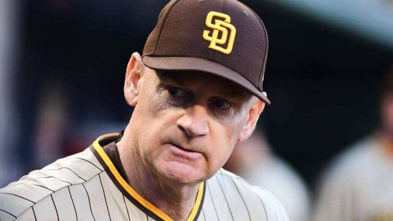 Aug 13, 2022; Washington, District of Columbia, USA; San Diego Padres third base coach Matt Williams (18) stands in the dugout during the first inning against the Washington Nationals  at Nationals Park. Mandatory Credit: Tommy Gilligan-USA TODAY Sports