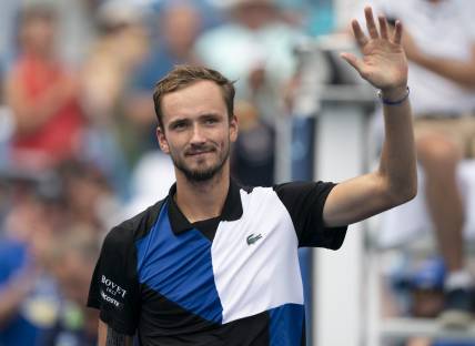 Aug 19, 2022; Cincinnati, OH, USA; Daniil Medvedev (RUS) celebrates winning his match against Taylor Fritz (USA) at the Western & Southern Open at the Lindner Family Tennis Center. Mandatory Credit: Susan Mullane-USA TODAY Sports