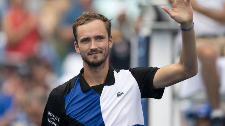 Aug 19, 2022; Cincinnati, OH, USA; Daniil Medvedev (RUS) celebrates winning his match against Taylor Fritz (USA) at the Western & Southern Open at the Lindner Family Tennis Center. Mandatory Credit: Susan Mullane-USA TODAY Sports