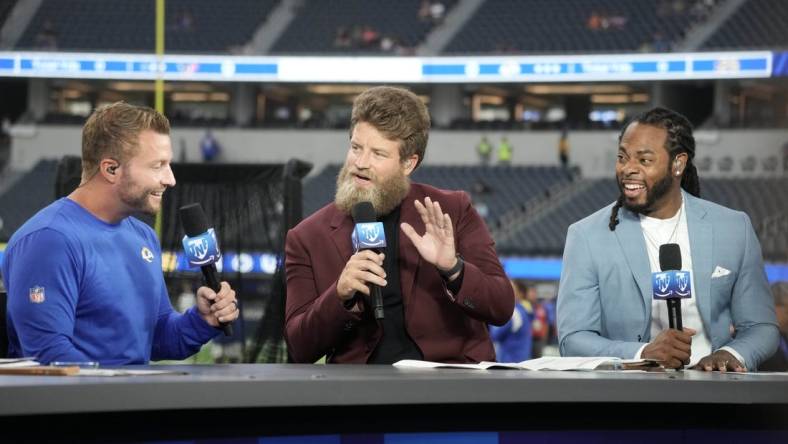 Aug 19, 2022; Inglewood, California, USA; Los Angeles Rams coach Sean McVay (left) is interviewed by Ryan Fitzpatrick (center) and Richard Sherman on the Amazon Prime Thursday Night Football set before the game against the Houston Texans at SoFi Stadium. Mandatory Credit: Kirby Lee-USA TODAY Sports