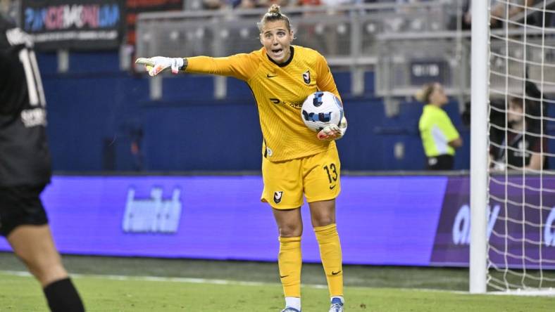 Aug 19, 2022; Kansas City, Kansas, USA;  Angel City FC goalkeeper DiDi Haracic (13) reacts during the second half against the Kansas City Current at Children's Mercy Park. Mandatory Credit: Amy Kontras-USA TODAY Sports