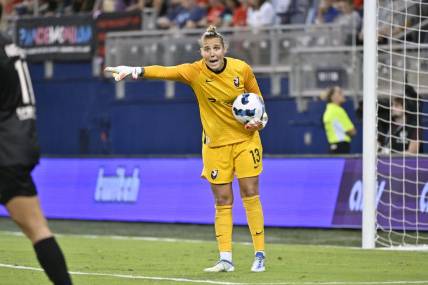 Aug 19, 2022; Kansas City, Kansas, USA;  Angel City FC goalkeeper DiDi Haracic (13) reacts during the second half against the Kansas City Current at Children's Mercy Park. Mandatory Credit: Amy Kontras-USA TODAY Sports