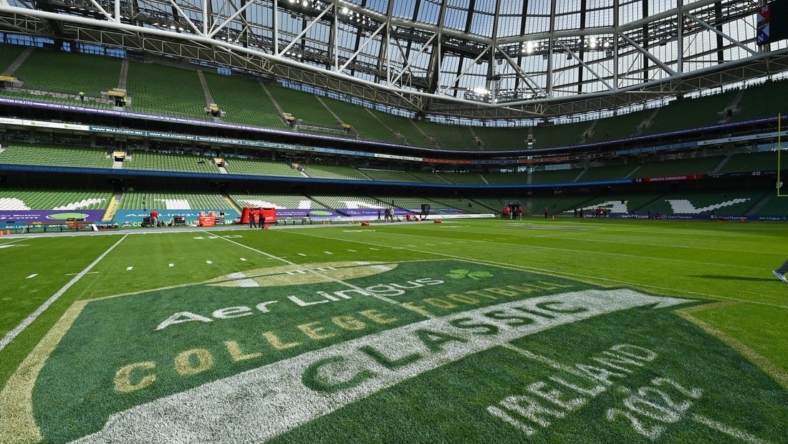 Aug 27, 2022; Dublin, IRELAND;  A general view of event branding on the pitch before the Aer Lingus college football series game between the Nebraska Cornhuskers and Northwestern Wildcats at Aviva Stadium. Mandatory Credit: Brendan Moran-USA TODAY Sports