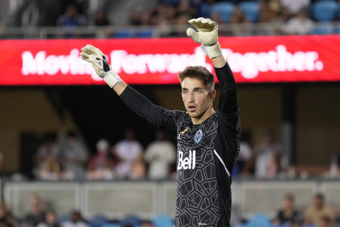 Sep 4, 2022; San Jose, California, USA; Vancouver Whitecaps goalkeeper Thomas Hasal (1) gestures during the second half against the San Jose Earthquakes at PayPal Park. Mandatory Credit: Darren Yamashita-USA TODAY Sports