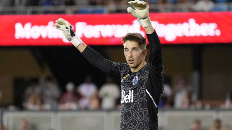 Sep 4, 2022; San Jose, California, USA; Vancouver Whitecaps goalkeeper Thomas Hasal (1) gestures during the second half against the San Jose Earthquakes at PayPal Park. Mandatory Credit: Darren Yamashita-USA TODAY Sports