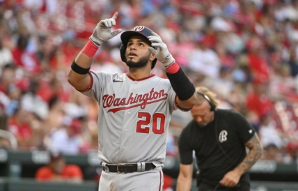 Sep 5, 2022; St. Louis, Missouri, USA;  Washington Nationals catcher Keibert Ruiz (20) reacts after hitting a solo home run against the St. Louis Cardinals during the eighth inning at Busch Stadium. Mandatory Credit: Jeff Curry-USA TODAY Sports