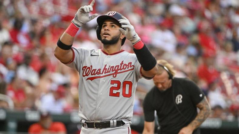 Sep 5, 2022; St. Louis, Missouri, USA;  Washington Nationals catcher Keibert Ruiz (20) reacts after hitting a solo home run against the St. Louis Cardinals during the eighth inning at Busch Stadium. Mandatory Credit: Jeff Curry-USA TODAY Sports