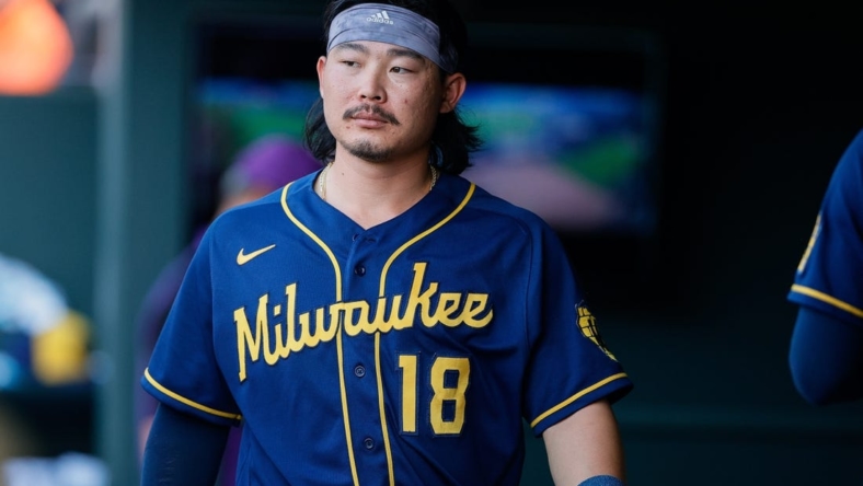 Sep 5, 2022; Denver, Colorado, USA; Milwaukee Brewers first baseman Keston Hiura (18) in the dugout in the ninth inning against the Colorado Rockies at Coors Field. Mandatory Credit: Isaiah J. Downing-USA TODAY Sports