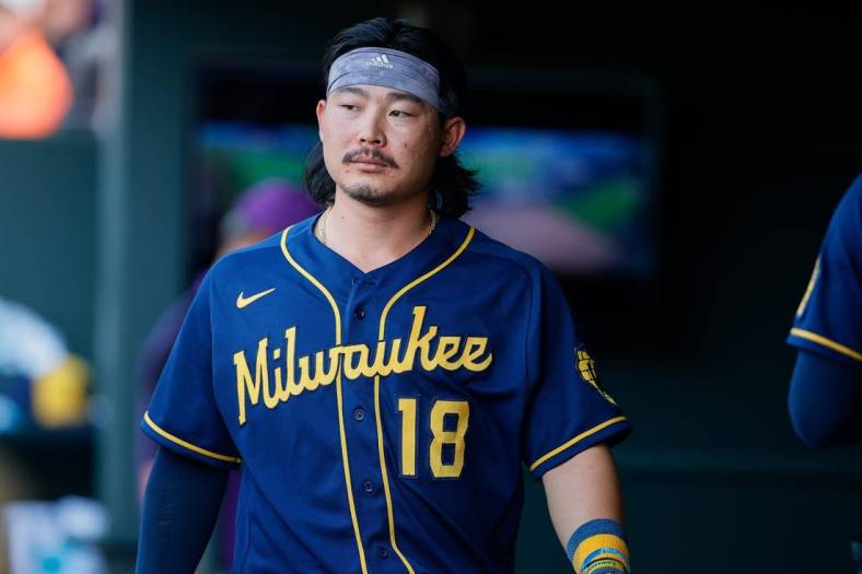 Sep 5, 2022; Denver, Colorado, USA; Milwaukee Brewers first baseman Keston Hiura (18) in the dugout in the ninth inning against the Colorado Rockies at Coors Field. Mandatory Credit: Isaiah J. Downing-USA TODAY Sports