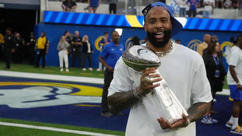 Sep 8, 2022; Inglewood, California, USA; American football player Odell Beckham Jr before the game between the Los Angeles Rams and the Buffalo Bills at SoFi Stadium. Mandatory Credit: Kirby Lee-USA TODAY Sports