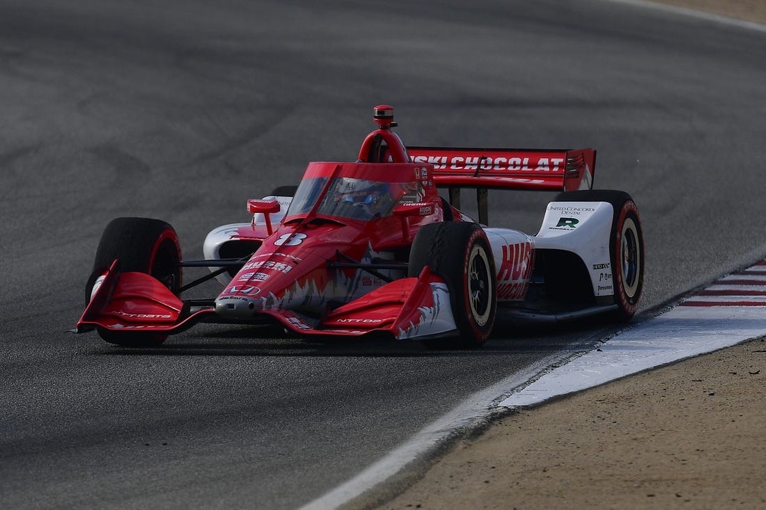 Sep 11, 2022; Salinas, California, USA; Chip Ganassi Racing driver Marcus Ericsson (8) of Sweden during morning warm up for the Grand Prix of Monterey at WeatherTech Raceway Laguna Seca. Mandatory Credit: Gary A. Vasquez-USA TODAY Sports