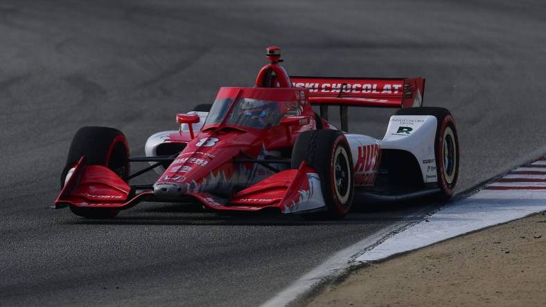 Sep 11, 2022; Salinas, California, USA; Chip Ganassi Racing driver Marcus Ericsson (8) of Sweden during morning warm up for the Grand Prix of Monterey at WeatherTech Raceway Laguna Seca. Mandatory Credit: Gary A. Vasquez-USA TODAY Sports