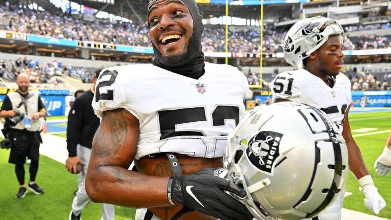 Sep 11, 2022; Inglewood, California, USA;  Las Vegas Raiders linebacker Denzel Perryman (52) warms up before the game against the Los Angeles Chargers at SoFi Stadium. Mandatory Credit: Jayne Kamin-Oncea-USA TODAY Sports